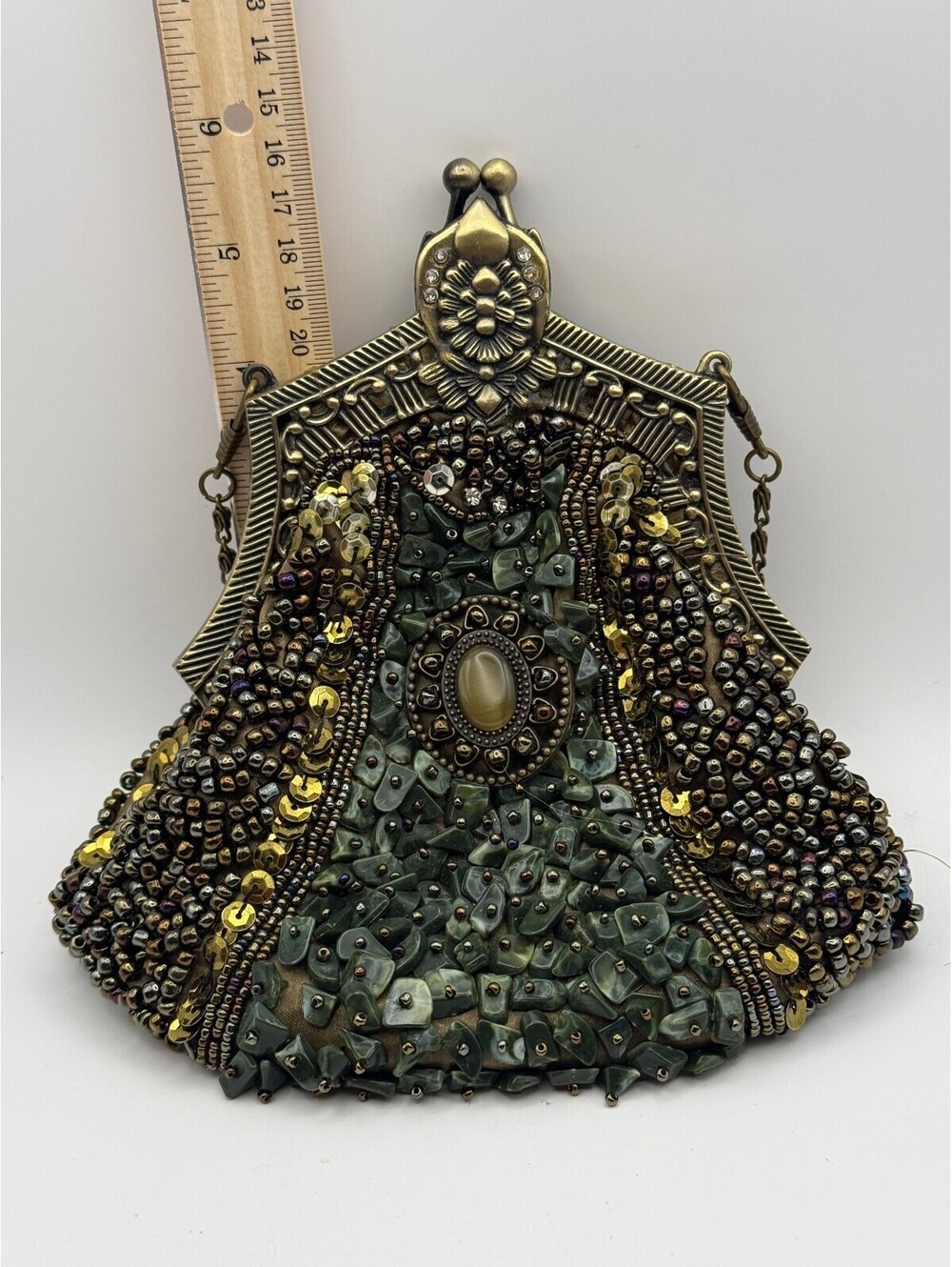 The Pyramid Collection Green Stone Beaded Sequin Evening Purse Clutch Bag
